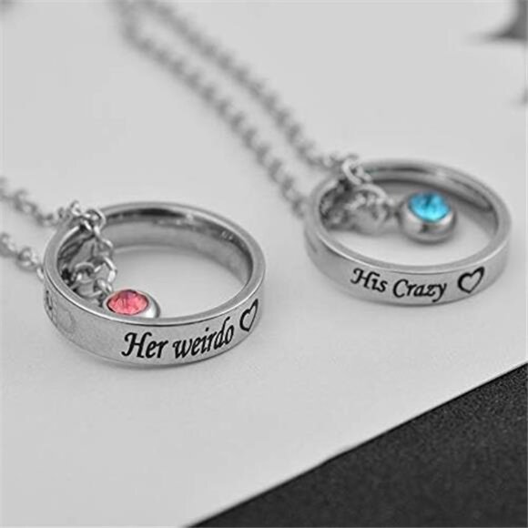 Matching Necklaces for Couples, His and Hers Engraved Rhinestone Ring Pendant - Picture 2 of 7